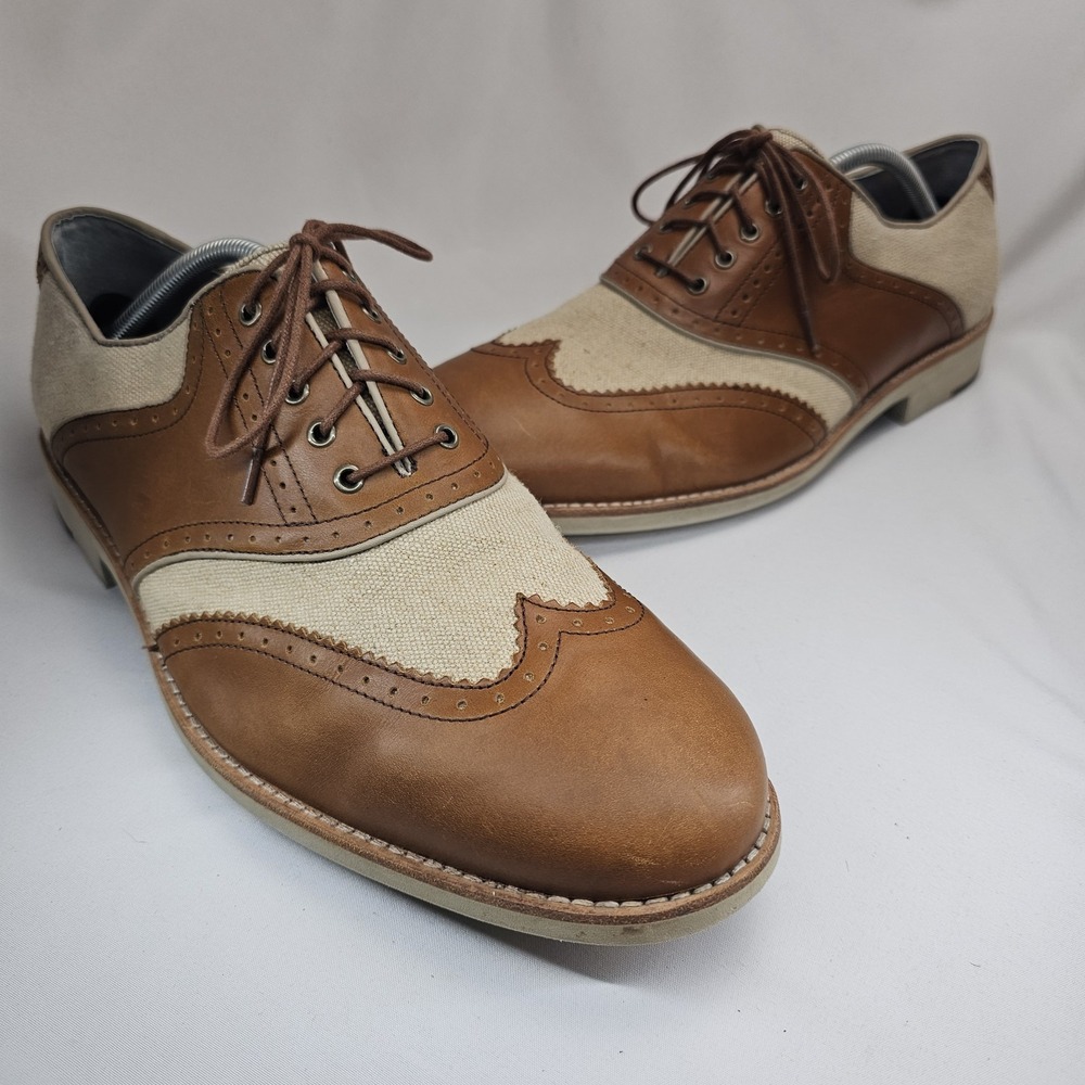 Johnston &‎ Murphy Brown Leather Canvas Wingtip Oxford Shoes Men's 13M Sheepskin